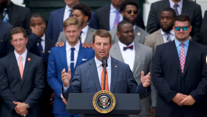 Clemson coach Dabo Swinney delivers remarks during a ceremony on the South Lawn of the White House honoring Clemson's  national championship football team.