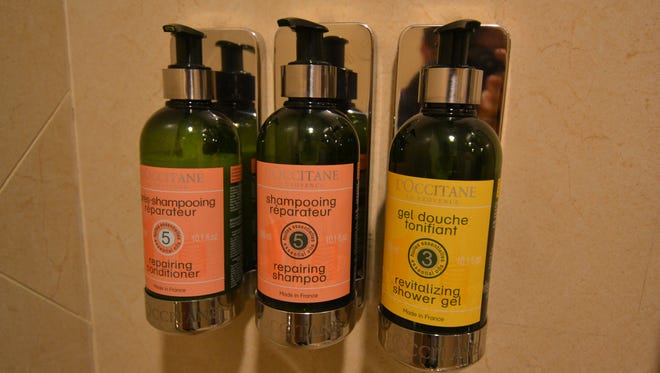Cabin bathrooms feature upscale L'Occitane soaps and shampoo in bulk-size containers.