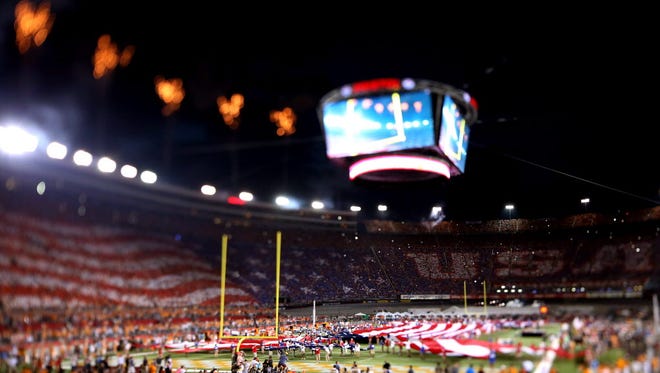 An overall view using a tilt shift lens of Bristol Motor Speedway during the national anthem.