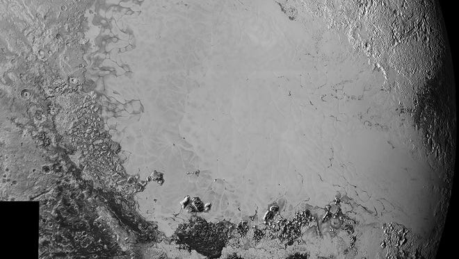 Mosaic of high-resolution images of Pluto, sent back from NASA’s New Horizons spacecraft from Sept. 5 to 7, 2015. The image is dominated by the informally-named icy plain Sputnik Planum, the smooth, bright region across the center. This image also features a tremendous variety of other landscapes surrounding Sputnik. The smallest visible features are 0.5 miles (0.8 kilometers) in size, and the mosaic covers a region roughly 1,000 miles (1600 kilometers) wide. The image was taken as New Horizons flew past Pluto on July 14, 2015, from a distance of 50,000 miles (80,000 kilometers).