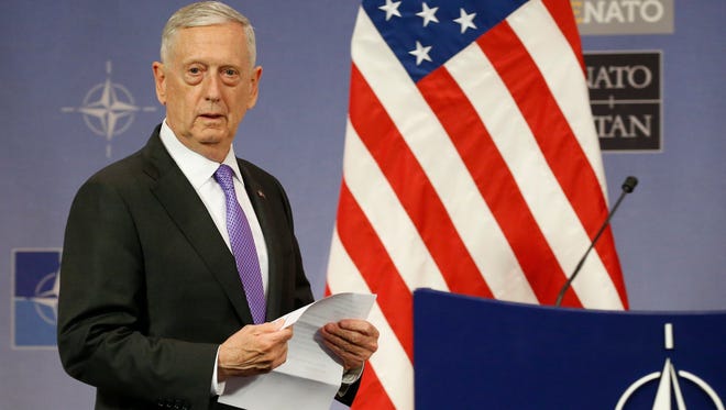 Secretary of Defense Jim Mattis speaks at a press conference at the end of the NATO defense ministers meeting at NATO headquarters in Brussels, Belgium,