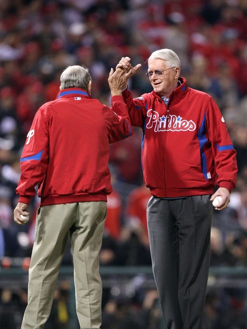 PHILADELPHIA - NOVEMBER 02:  Former Philadelphia Phillies pitchers and Baseball Hall of Famers Sen. Jim Bunning (R-KY) and Robin Roberts (left) greet each other prior to both throwing out the cermonial first pitch during Game Five of the 2009 MLB World Series between the New York Yankees and the Philadelphia Phillies at Citizens Bank Park on November 2, 2009 in Philadelphia, Pennsylvania.