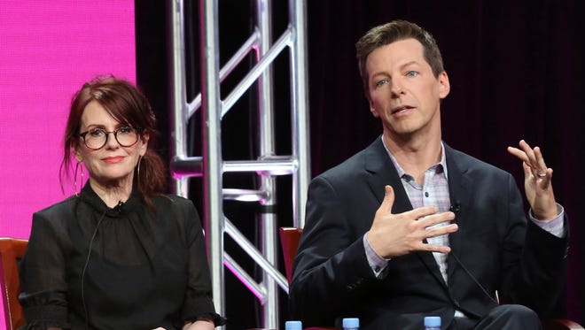 Megan Mullally, left, and Sean Hayes join the 'Will & Grace' presentation.