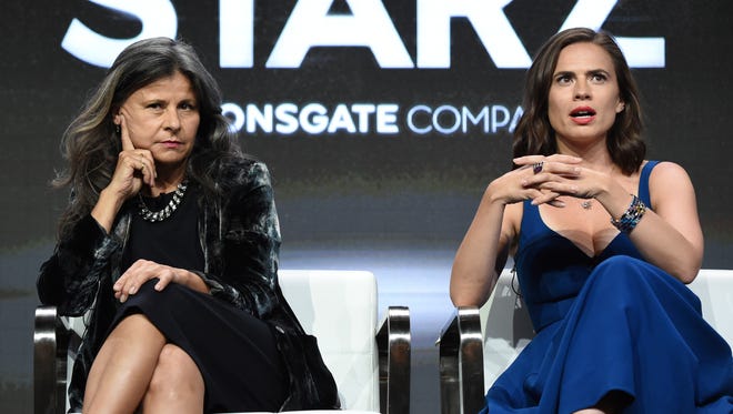 Tracey Ullman, left, and Hayley Atwell are serious about 'Howards End' during the Starz presentations.