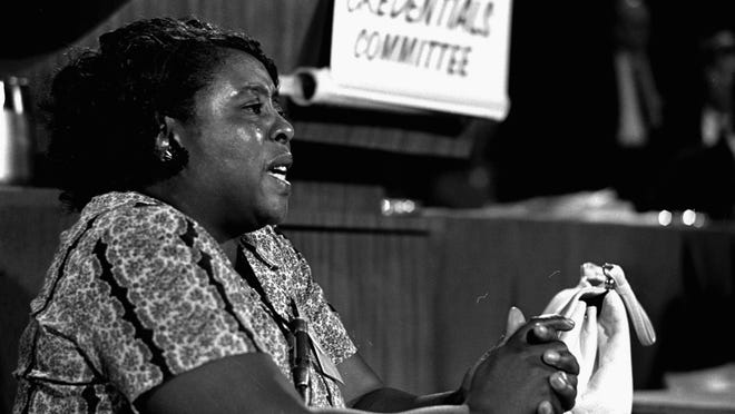 ** ADVANCE FOR SUNDAY, JULY 25 **FILE**Fanny Lou Hamer, a leader of the Freedom Democratic party, speaks before the credentials committee of the Democratic National Convention in Atlantic City, August 22, 1964, in an effort to win accreditation for the group as Mississippi's delegation to the convention. The group, composed almost entirely of blacks, was opposed by the regular, all-white Mississippi delegation.(AP Photo/stf) ORG XMIT: NY347