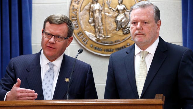 Republican leaders Rep. Tim Moore, left, and Sen. Phil Berger, hold a news conference in Raleigh, N.C. March 28, 2017.
