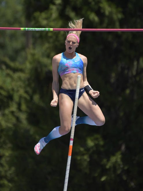 Sandi Morris celebrates after winning the women's pole vault at 15-9 (4.80m) on the final day of the USA track and field championships in Sacramento.