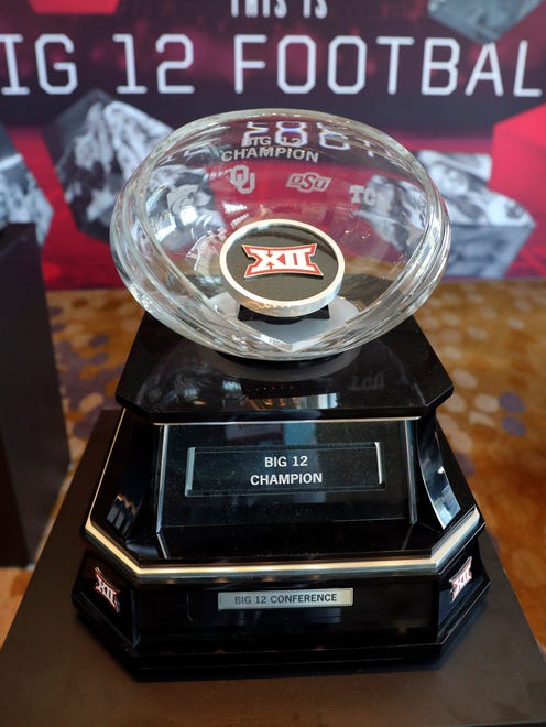 Big 12 championship trophy displayed during the Big 12 Media Days at Omni Dallas Hotel.