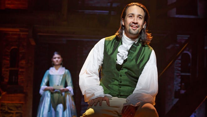 Lin-Manuel Miranda as Alexander Hamilton in a scene from the Broadway play 'Hamilton' at the Richard Rodgers Theatre.