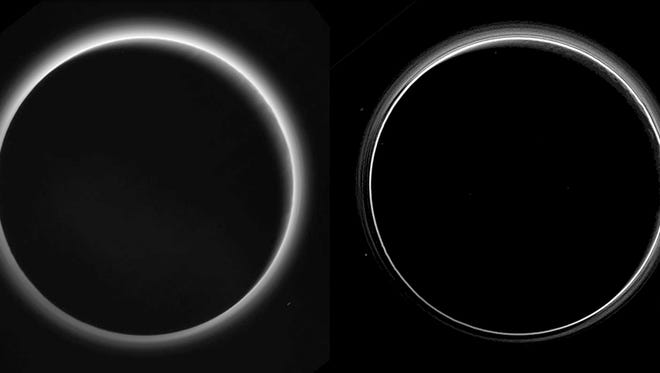 Two different versions of an image of Pluto’s haze layers, taken by New Horizons as it looked back at Pluto's dark side nearly 16 hours after close approach, from a distance of 480,000 miles (770,000 kilometers), at a phase angle of 166 degrees. Pluto's north is at the top, and the sun illuminates Pluto from the upper right.