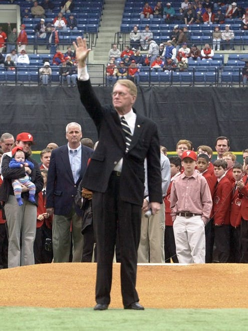 Jim Bunning took the mound at Veterans Stadium, where his No. 14 jersey was retired.