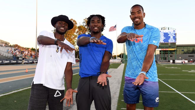 Former Florida Gators triple jumpers Will Claye (left), Omar Craddock (center) and Christian Taylor. Claye won the title, and Taylor is the reigning world and Olympic champ.