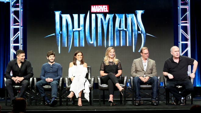 Anson Mount, from left, Iwan Rheon, Serinda Swan, Ellen Woglom, Scott Buck and Jeph Loeb join forces to present  ABC series 'Marvel Inhumans' to television writers.