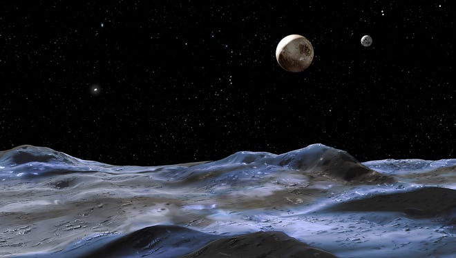 The artist's concept above shows the Pluto system from the surface of one of the candidate moons. The other members of the Pluto system are just above the moon's surface. Pluto is the large disk at center, right. Charon, the system's only confirmed moon, is the smaller disk to the right of Pluto. The other candidate moon is the bright dot on Pluto's far left. Click image for full resolution. Image credit: NASA, ESA and G. Bacon (STScI) [Via MerlinFTP Drop]