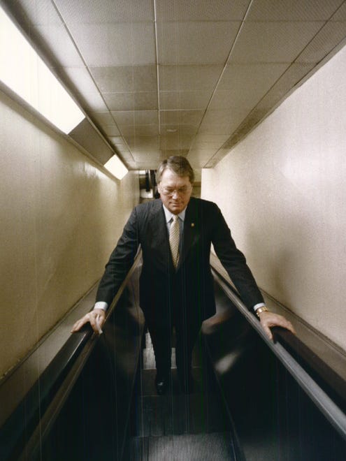 NOVEMBER 1, 1983: Jim Bunning uses an escalator in the Capitol tunnel system. Using the time to collect his thoughts while heading to a meeting with Kentucky Farm Bureau members.