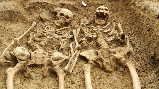 Archaeologists discovered skeletons which appear to be holding hands during an excavation at the Chapel of St. Morrell in Leicestershire, England, a site of pilgrimage in during the 14th Century.