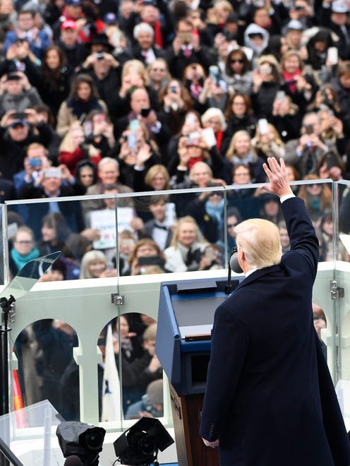 President Donald Trump greets the crowd during the 2017 Presidential Inauguration.