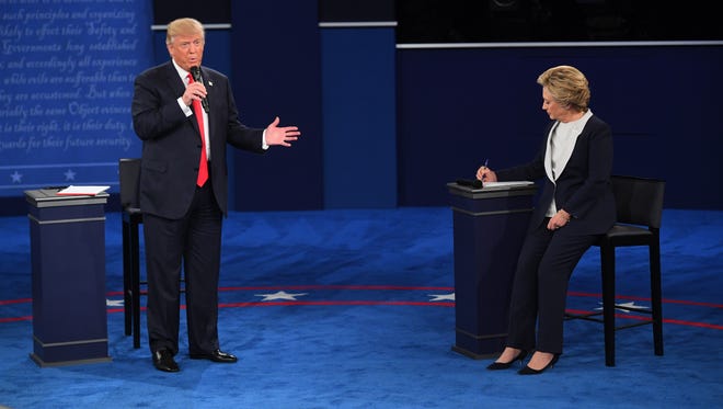 Republican presidential Trump speakes during the second presidential debate at Washington University in St Louis.