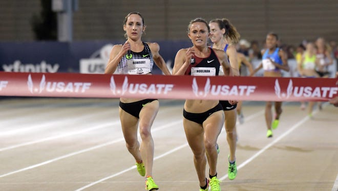 Shelby Houlihan (right) outsprints Shannon Rowbury to win the 5,000.