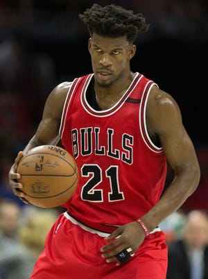 Chicago Bulls forward Jimmy Butler dribbles against the Philadelphia 76ers during the second quarter at Wells Fargo Center.