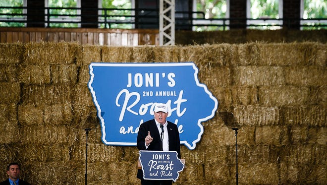 Republican Presidential candidate Donald Trump speaks during Sen. Joni Ernst's Roast and Ride at the Iowa State Fairgrounds on Saturday, August 27, 2016 in Des Moines.