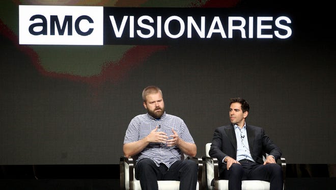 Writer Robert Kirkman, left, and director Eli Roth talk about 'Visionaries: Robert Kirkman's Secret History of Comics Docuseries' during the AMC/SundanceTV sessions.