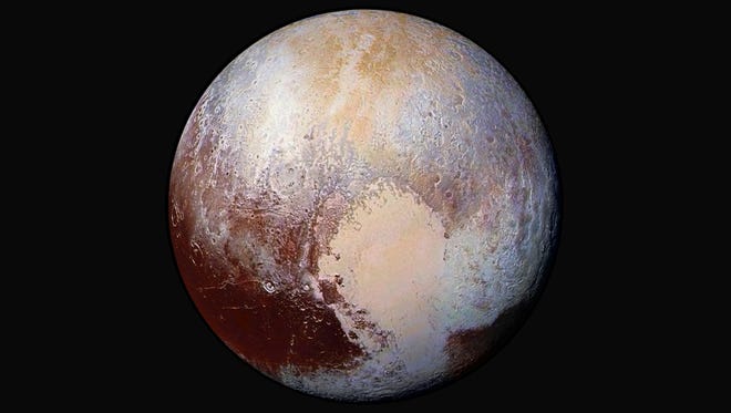 New Horizons scientists use enhanced color images to detect differences in the composition and texture of Pluto’s surface. When close-up images are combined with color data from the Ralph instrument, it paints a new and surprising portrait of the dwarf planet. The “heart of the heart,” Sputnik Planum, is suggestive of a source region of ices. The two bluish-white “lobes” that extend to the southwest and northeast of the “heart” may represent exotic ices being transported away from Sputnik Planum. 

Four images from New Horizons’ Long Range Reconnaissance Imager (LORRI) were combined with color data from the Ralph instrument to create this enhanced color global view. The images, taken when the spacecraft was 280,000 miles (450,000 kilometers) away, show features as small as 1.4 miles (2.2 kilometers).

Image Credit: NASA/JHUAPL/SwRI