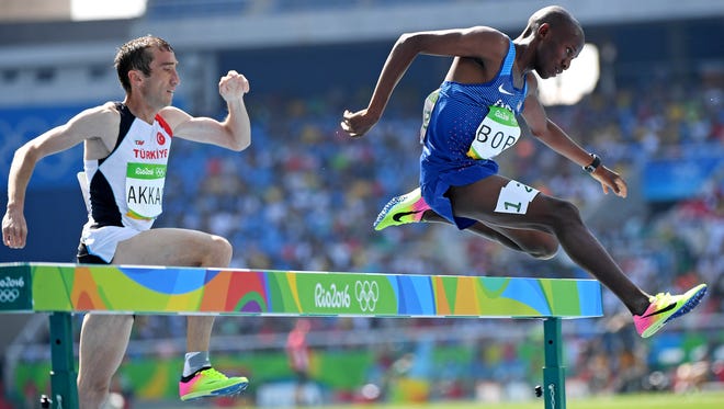 Hillary Bor of the United States runs during the men's 3000 steeplechase preliminaries in the Rio 2016 Summer Olympic Games at Estadio Olimpico Joao Havelange.