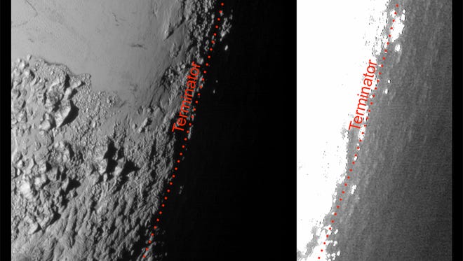 This image of Pluto from NASA’s New Horizons spacecraft, processed in two different ways, shows how Pluto’s bright, high-altitude atmospheric haze produces a twilight that softly illuminates the surface before sunrise and after sunset, allowing the sensitive cameras on New Horizons to see details in nighttime regions that would otherwise be invisible. The right-hand version of the image has been greatly brightened to bring out faint details of rugged haze-lit topography beyond Pluto’s terminator, which is the line separating day and night. The image was taken as New Horizons flew past Pluto on July 14, 2015, from a distance of 50,000 miles (80,000 kilometers).