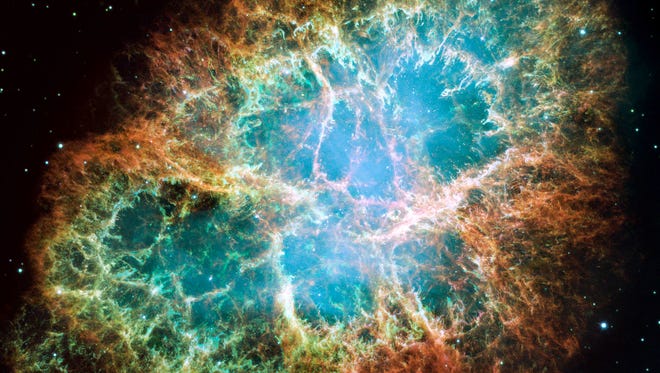 This mosaic image, taken by NASA's Hubble Space Telescope shows the Crab Nebula, a six-light-year-wide expanding remnant of a star's supernova explosion. The Crab Nebula derived its name from its appearance in a drawing made by Irish astronomer Lord Rosse in 1844, using a 36-inch telescope. The composed image was assembled from 24 individual Wide Field and Planetary Camera 2 exposures taken in October 1999, January 2000, and December 2000.