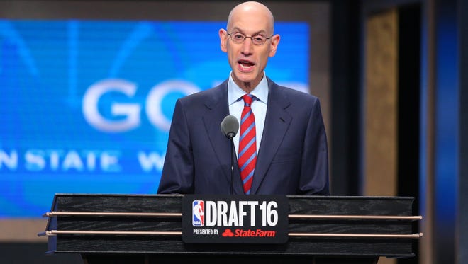 NBA commissioner Adam Silver speaks at the conclusion of the first round of the 2016 NBA Draft at Barclays Center.