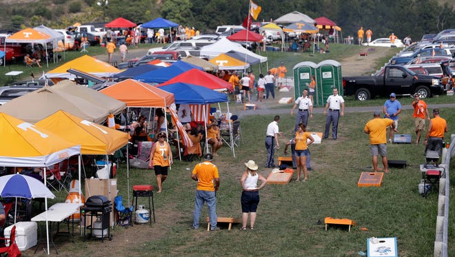 Fans tailgate before Virginia Tech faces Tennessee at Bristol Motor Speedway.