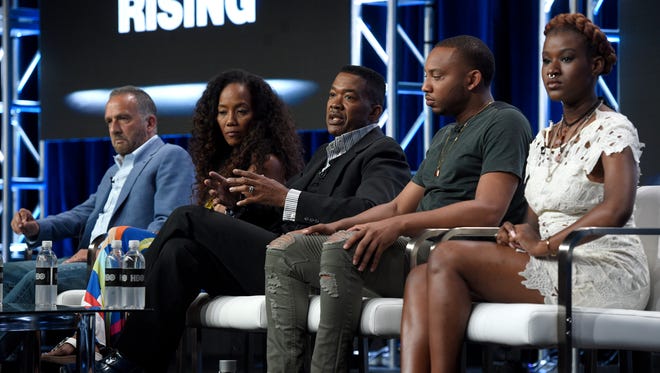 Executive producer George Pelecanos, from left, director Sonja Sohn, Baltimore. Lt. Col. Melvin Russell, activist Kwame Rose and youth organizer Makayla Gilliam-Price participate in the 'Baltimore Rising' panel during for HBO.