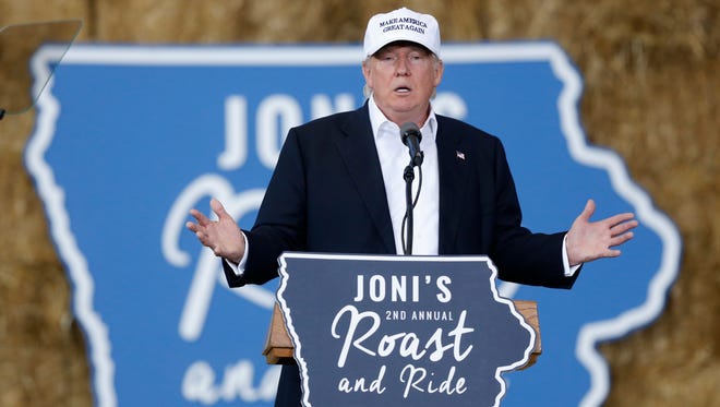 Republican presidential candidate Donald Trump speaks Saturday, Aug. 27, 2016, during the second annual Roast and Ride at the Iowa State Fairgrounds in Des Moines.