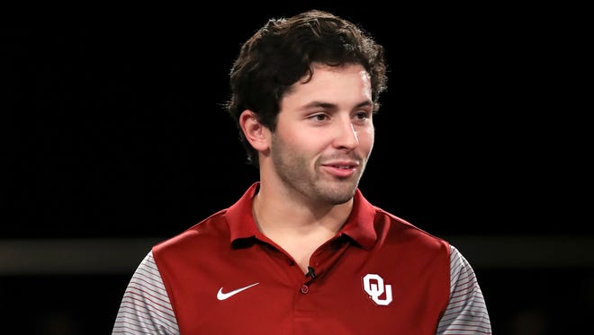 Oklahoma Sooners quarterback Baker Mayfield speaks to the media during the Big 12 Media Days at Omni Dallas Hotel.