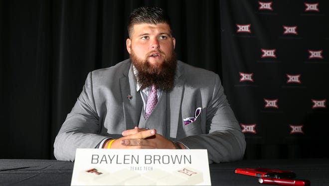 Texas Tech Red Raiders offensive lineman Baylen Brown speaks to the media during the Big 12 Media Days at Omni Dallas Hotel.