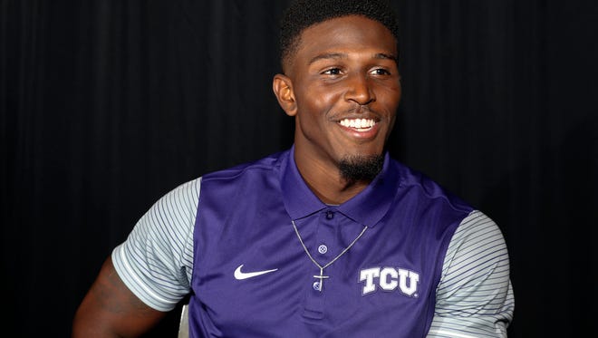 TCU Horned Frogs running back Kyle Hicks speaks to the media during the Big 12 Media Days at Omni Dallas Hotel.