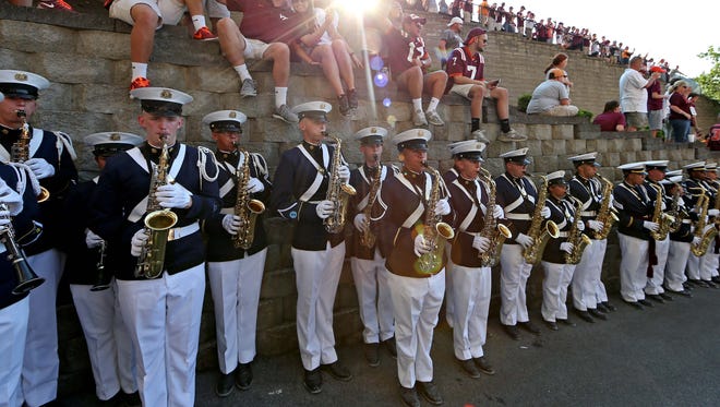 The Virginia Tech band play before the school's game against Tennessee   at Bristol Motor Speedway.