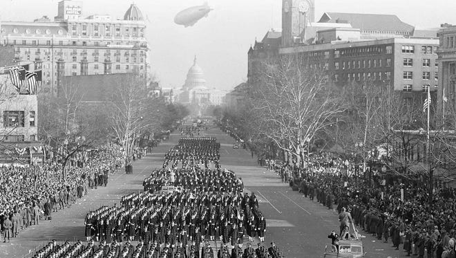 Midshipmen of the U.S. Naval Academy march up Pennsylvania Avenue on Jan. 20, 1949, during Truman's inaugural parade.