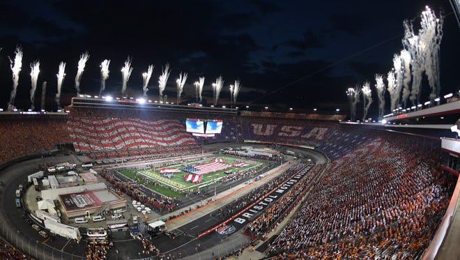 A general view of Bristol Motor Speedway during the national anthem.