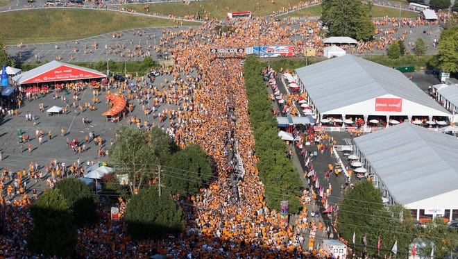 An overview of the Vol Walk prior to Tennessee's game against Virginia Tech at Bristol Motor Speedway.