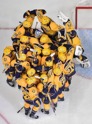 The Nashville Predators' celebrate their game 6 victory against the Anaheim Ducks in the Western Conference final at Bridgestone Arena in Nashville, Tenn., Monday, May 22, 2017.