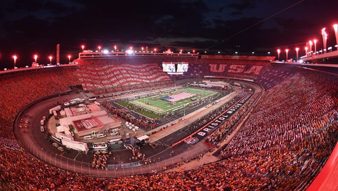 A general view of Bristol Motor Speedway during the national anthem.