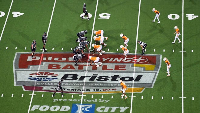 Virginia Tech lines up against Tennessee during the first half at Bristol Motor Speedway.