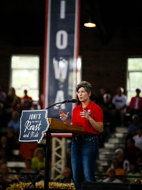Sen. Joni Ernst speaks during her Roast and Ride event at the Iowa State Fairgrounds on Saturday, August 27, 2016 in Des Moines.