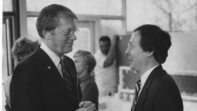 State Sen. Jim Bunning of Fort Thomas, left, and Jefferson County Judge Mitch McConnell talked in Louisville. April 21, 1983.