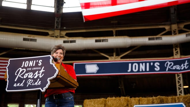 Sen. Joni Ernst speaks during her Roast and Ride event at the Iowa State Fairgrounds on Saturday, August 27, 2016 in Des Moines.