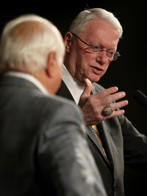 Thursday November 10, 2011: Left to right Tommy Lasorda, former Dodger manager looks on as Jim Bunning, former U.S. Senator speaks after he donated Congressional papers and Baseball memorabilia to NKU's Library at NKU Thursday November 10, 2011 Highland Heights, Kentucky.