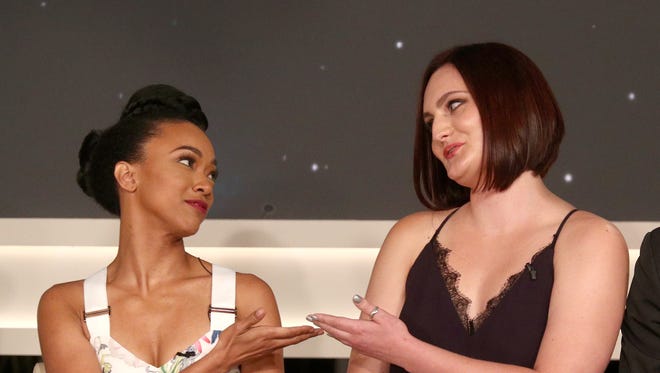 Sonequa Martin-Green, left, and Mary Chieffo talk about their CBS All Access series, 'Star Trek: Discovery' at CBS Studio Center in Los Angeles.