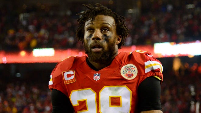 Kansas City Chiefs strong safety Eric Berry (29) reacts on the sideline during the fourth quarter in the AFC Divisional playoff game against the Pittsburgh Steelers at Arrowhead Stadium.